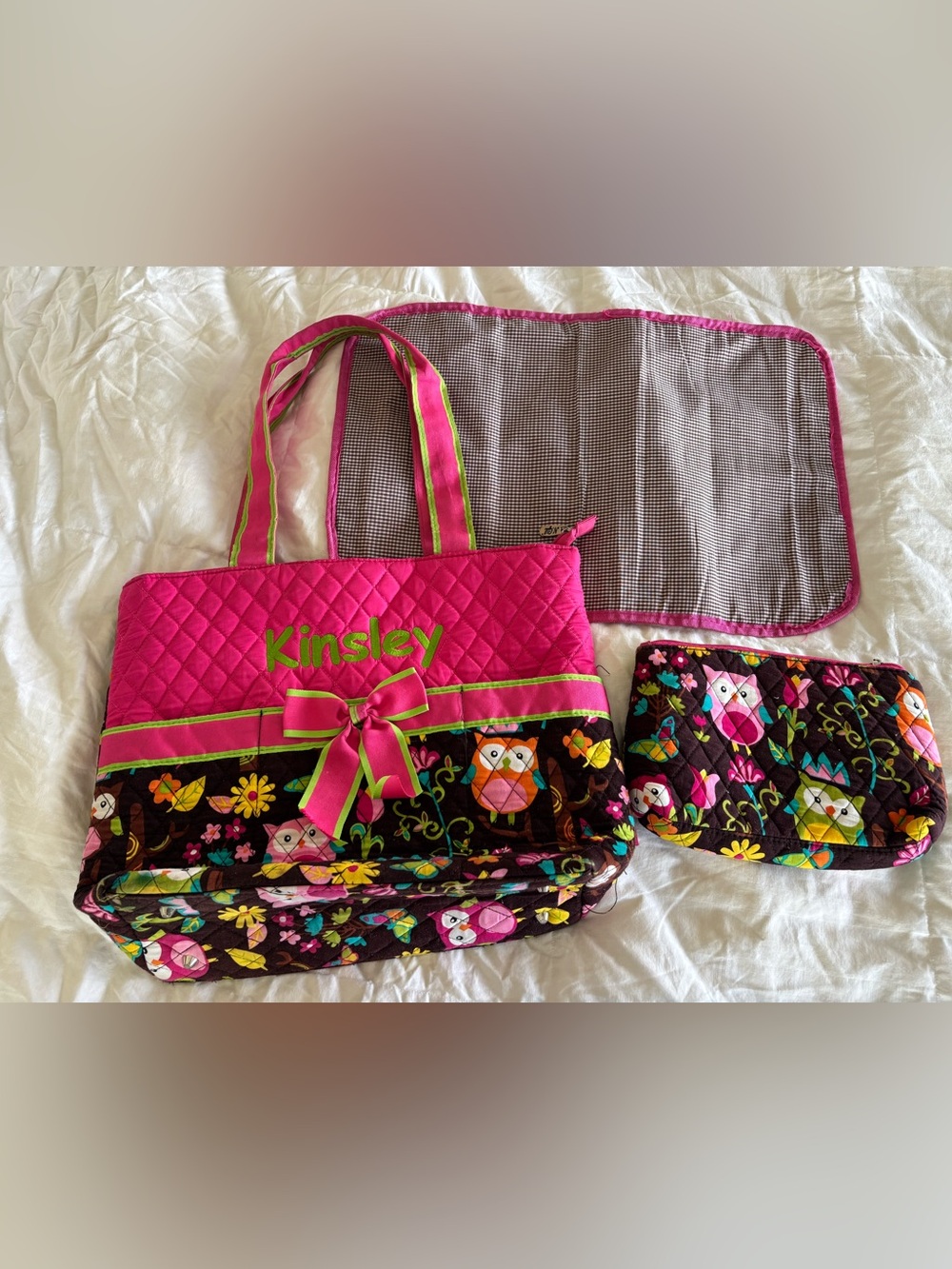 N. Gil quilted diaper bag owl pink "Kinsley" embroidery monogram